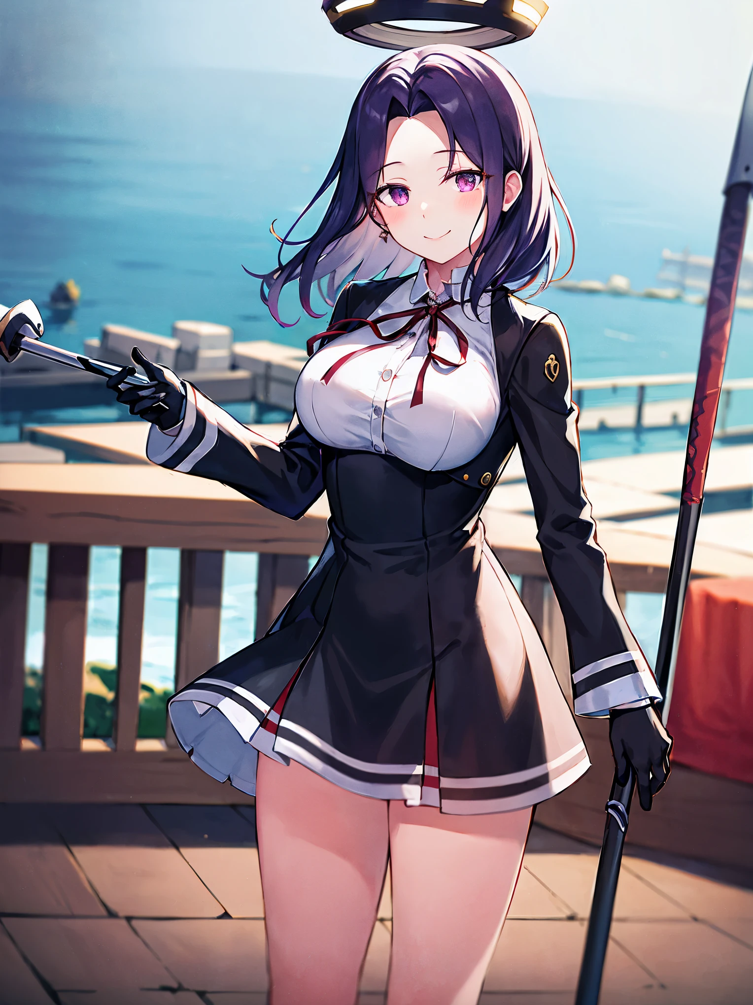 masterpiece, best quality, highres, mechanical halo, large breasts, black dress, neck ribbon, long sleeves, black gloves, outdoors, cowboy shot, standing, holding weapon, polearm,smile,closed_eyes,harbor_town,half_eyes