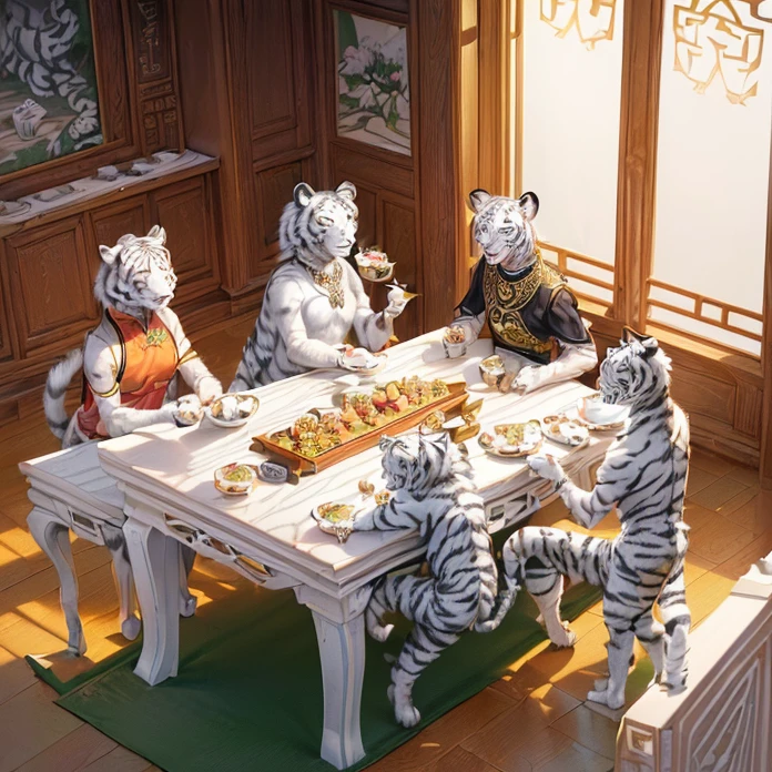 (absurdres, masterpiece, best high quality image epic artwork, high fantasy genre, carefully detailed image, carefully detailed textures, animalistic character, fantasy animal artwork, anthropomorphic, real animal features, solo animal character, full anthro animal body view)
{{((1anthropomorphic-animal: adult female white tiger: ((white tiger head, real white tiger face, white tiger light-blue eyes, pink nose, rounded white tiger ears, white tiger neck, white tiger mouth), (female slender white tiger body, white tiger little breasts, white tiger arms, white tiger hands with five fingers and grey sharp claws), (white tiger slender legs, white tiger feet, five white tiger fingers with grey sharp claws)), ((black dress shirt, orange hindu skirt, golden chinese necklace)), (white tiger smiling face, white tiger standing relaxed pose, white tiger calmed demeanor), (green jade chinese house interior, green jade house walls, hindu forniture, four hindu wooden chairs, one hindu wooden table, one chinese little television screen over the table))}}