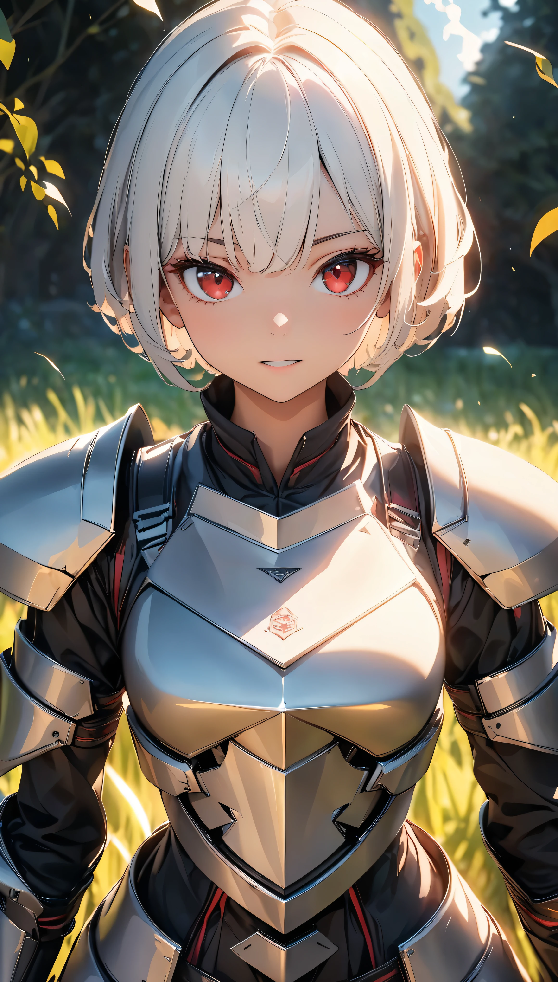 masterpiece:1.2, girl, In the Field, ( Light white short hair:1.2), (Red eyes:1.2), (Crossader:1.2), (View your viewers:1.2) , (8k, 最high quality 1.2), Very detailed, 8k uhd, Soft lighting, high quality, Film Grain, Beautiful lighting, Cinematic ,Perfect body , Best lighting, Best Shadow, Sharpness, Contrast, Absurd high definition faces, Steel Armor, Large sword:1.2