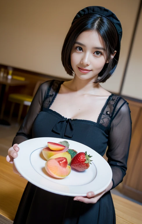 (A gorgeous lady, 28yo, in cafe shop, a waitress bringing a plate of peach to the table, beautiful detailed face, feminine feel, gentle face, friendly & kind smile, detailed eyes, beautiful detailed lips, extremely detailed eyes & face, long eyelashes, stylish bob haircut, healthy figure, modest bosom, Gothic Lolita semi-costume, maid costume, strawberry designs image, silky clothes that are mainly white, flesh-colored pantyhose, high-heels, SFW, Family-friendly, (best quality,4k,8k,highres,masterpiece:1.2),ultra-detailed,(realistic,photorealistic,photo-realistic:1.37),HDR,UHD,studio lighting,ultra-fine painting,sharp focus,physically-based rendering,extreme detail description,professional,vivid colors,bokeh,portraits,photography)