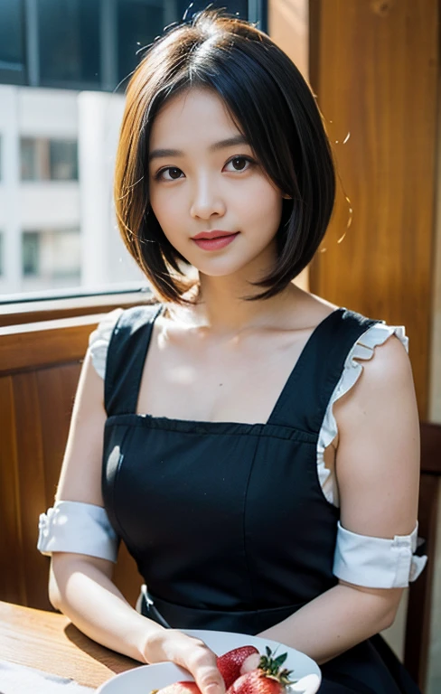 (A gorgeous lady, 28yo, in cafe shop, a waitress bringing a plate of peach to the table, beautiful detailed face, feminine feel, gentle face, friendly & kind smile, detailed eyes, beautiful detailed lips, extremely detailed eyes & face, long eyelashes, stylish bob haircut, healthy figure, modest bosom, Gothic Lolita semi-costume, maid costume, strawberry designs image, silky clothes that are mainly white, flesh-colored pantyhose, high-heels, SFW, Family-friendly, (best quality,4k,8k,highres,masterpiece:1.2),ultra-detailed,(realistic,photorealistic,photo-realistic:1.37),HDR,UHD,studio lighting,ultra-fine painting,sharp focus,physically-based rendering,extreme detail description,professional,vivid colors,bokeh,portraits,photography)