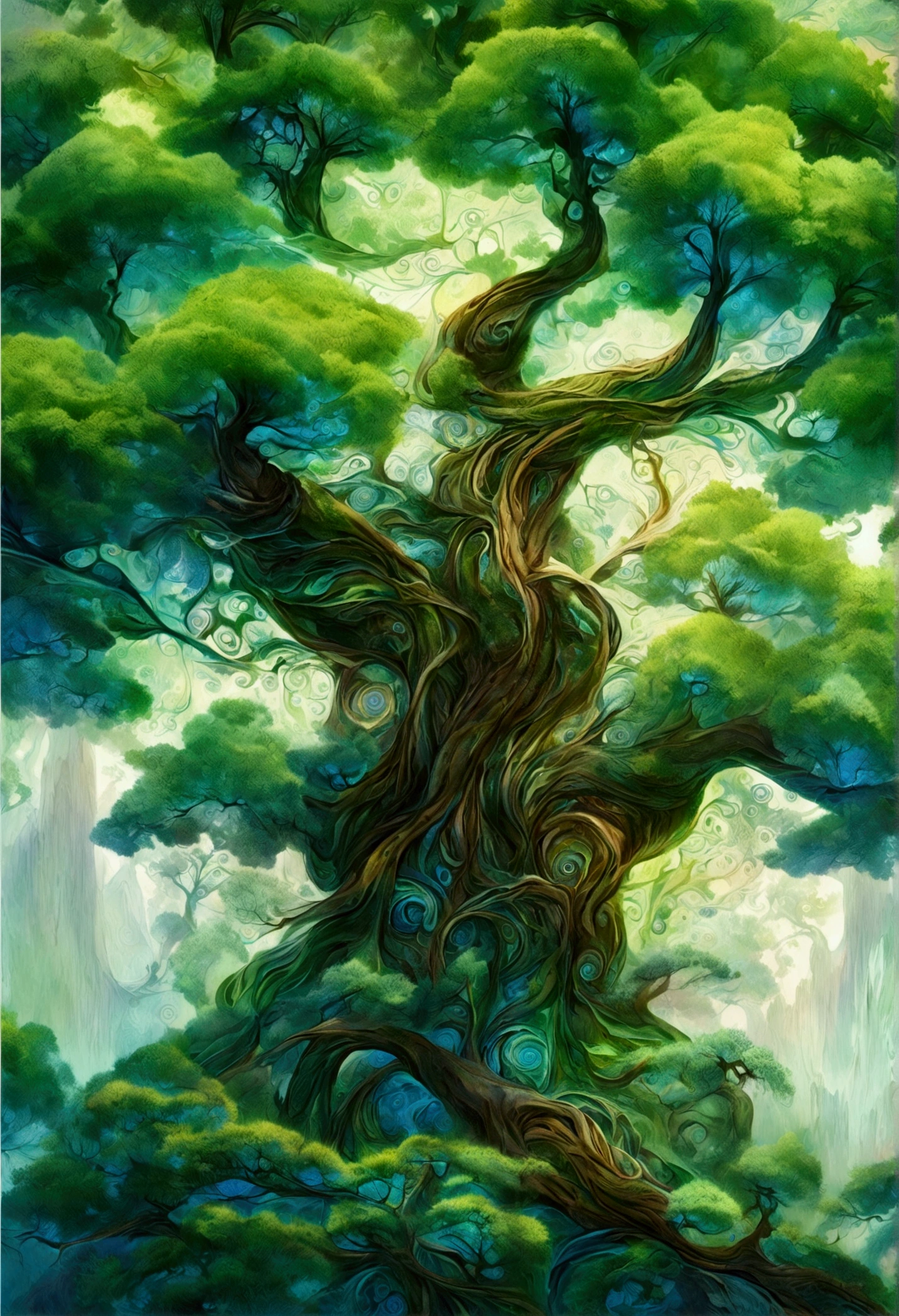 A large tree with green swirling foliage, creating an abstract pattern that seems to dance in the air above its trunk and branches. The swirling patterns create visual depth as they move like graceful swirling lines across the textured background. This surreal scene is reminiscent of fractal art or mandala designs, but it's set against the natural backdrop of lush leaves on a tall old growth tree. It gives off a sense of tranquility and harmony between nature and digital design in the style of fractal art