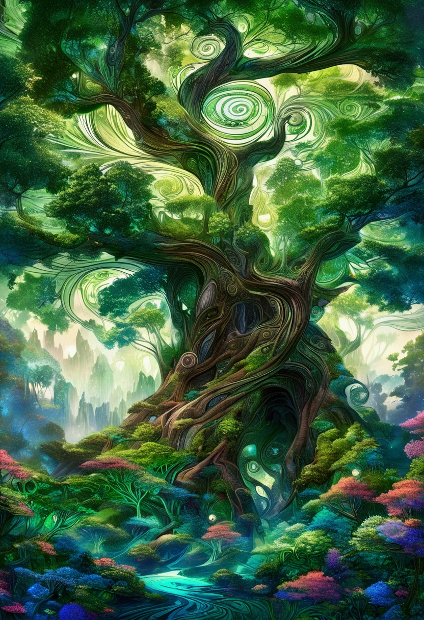 A large tree with green swirling foliage, creating an abstract pattern that seems to dance in the air above its trunk and branches. The swirling patterns create visual depth as they move like graceful swirling lines across the textured background. This surreal scene is reminiscent of fractal art or mandala designs, but it's set against the natural backdrop of lush leaves on a tall old growth tree. It gives off a sense of tranquility and harmony between nature and digital design in the style of fractal art