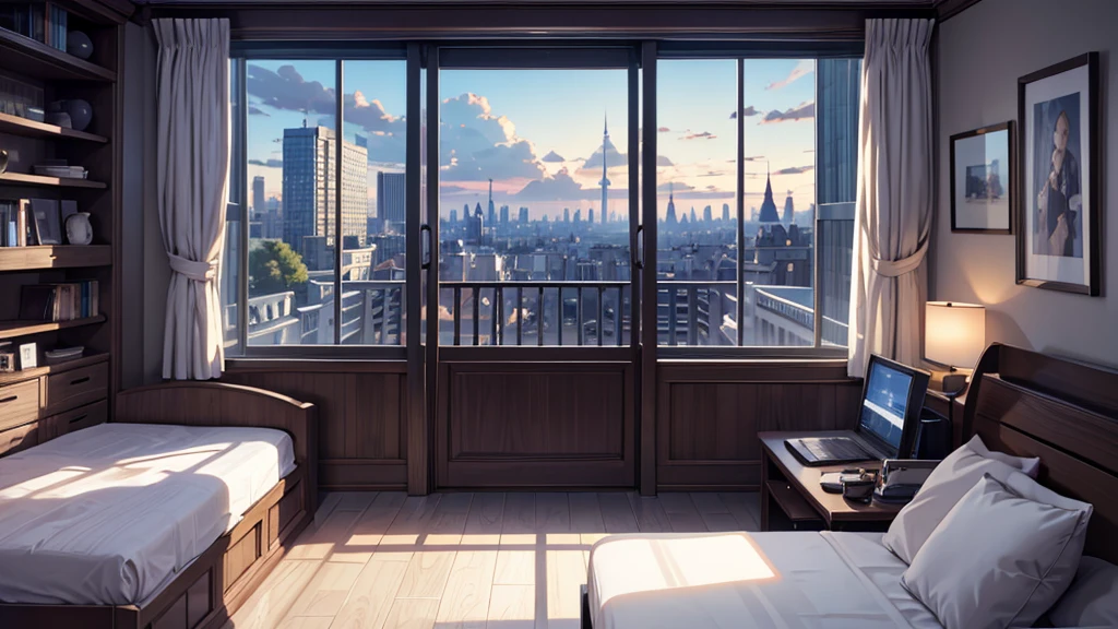 (masterpiece:1.2), Highest quality,Pixiv,Pleasant animation scenes,
scenery, cityscape, city, nullscraper, building, window, cloud, null, food, indoor, computer, Book, bed, table, clock, pillow, No humans, Chair, cake, monitor, cup, dish, nullline, Lie in