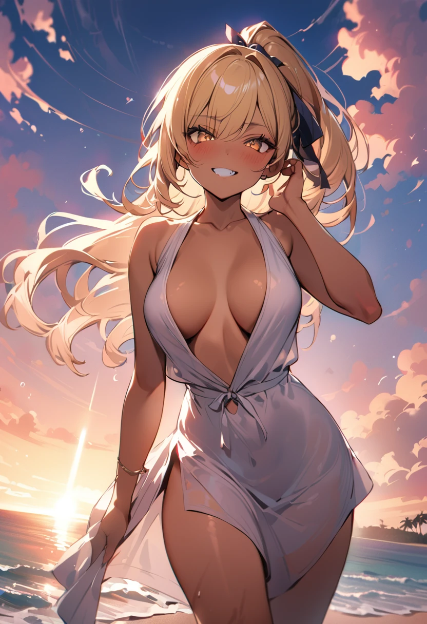 BREAK (masterpiece), (high resolution 8K), detailed eyes and face, detailed body, cinematic lighting, 
BREAK 1 girl, japanese girl, longhair, blonde hair, blonde eyes, wave hair, mascara, tan skin, dark skin, double teeth, fang, (piercing:1.2), pony tail, fancy hair ribbon, medium breasts, 
BREAK seductive smile, grin, blush, 
BREAK (plunging:1.2),
BREAK model posing, at beach ,the sandy shores of Hawaii, shot from below, beautiful sky, breathtaking sunset