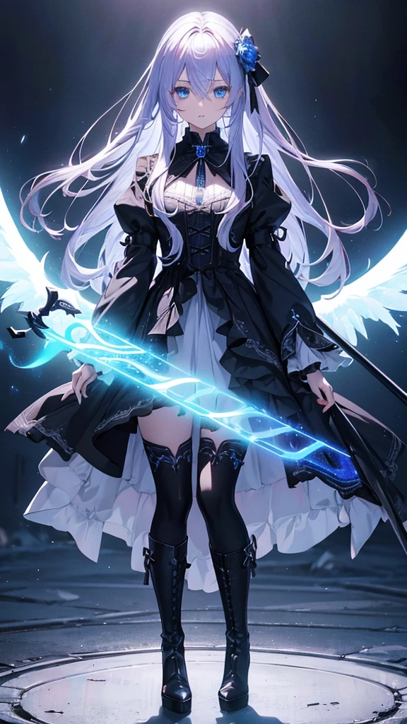 1 angel girl, glowing broken blue angel ring, standing full body shot:1.4, very long lilac gradient hair, frosty blue eyes, holding a huge death scythe, black gothic ta, black long boots, (best quality,4k,8k,highres,masterpiece:1.2),ultra-detailed,(realistic,photorealistic,photo-realistic:1.37), black background, dramatic lighting, official art beautiful intricate details