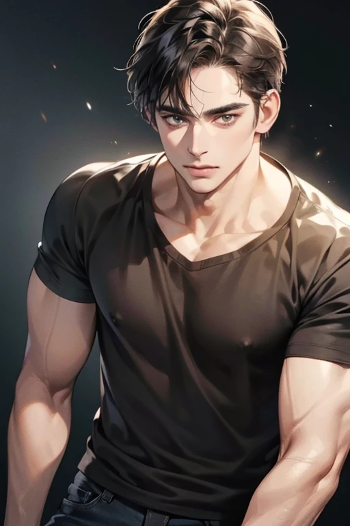 (Best quality,4K,8K,a high resolution,masterpiece:1.2),ultra detailed,(realistic,photorealistic,photo-realistic:1.37),39 year old man,Beautiful anime,portraits,strong,masculine,dark hair,Sharp jawline,Mesmerizing eyes,Perfectly styled hair,confident expression,bright colors,dynamic lighting,Brown eyes,(Black T-shirt),(dark skin),((mature man, man 40 years old)), (square jaw)