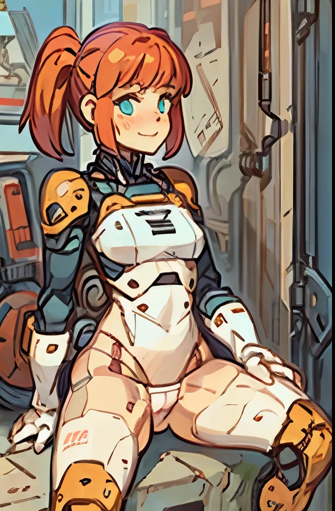 A Female mature robot loves herself. she wears nothing. Her Brown very short pigtails is tied with two big red clothespins, mature, android, blue eyes, full body, Height: 160cm, flushed cheeks, sweat bucket. full body shot, looking straight. Her smile is complete.show White pantie, Looking at the audience, kissing to the audience.