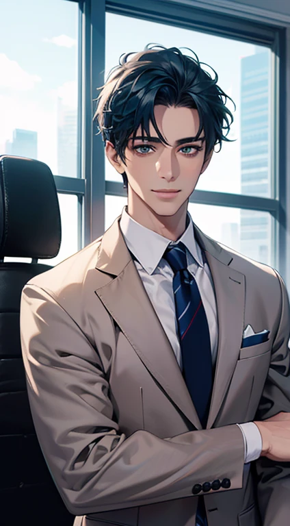 (Highest quality,4K,8K,High resolution,masterpiece:1.2),Super detailed,(Realistic,photoRealistic,photo-Realistic:1.37),1 person,34 years old,Mature Men,Beautiful skin、very handsome,Expressionless smile in love,Short blue hair,green eyes,Sharp Eyes,A perfect face without a doubt,Businessman, CEO, Office Background,Cinema Lighting,HDR image,tie、