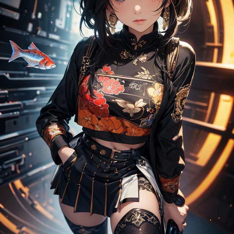 (((8k wallpaper of extremely detailed CG unit:1.2, masterpiece, hight resolution:1.2, top-quality:1.2, masutepiece))), ((a very beautiful woman, Hands in pockets:1.8, Grunge Fashion:1.2, wear a blouson:1.2, wearing skirt, wearing tights and boots)), ((extra detailed face, Highly detailed black eyes:1.2, extra detailed body, Top quality real texture skins)), (A dark-haired, length hair, de pele branca, Small:1.2), ((Colorful geometric patterns are painted all over the wall., Colorful wall)), (high-angle:1.2, a closeup, Fisheye:1.3), hyper realisitic, digitial painting,