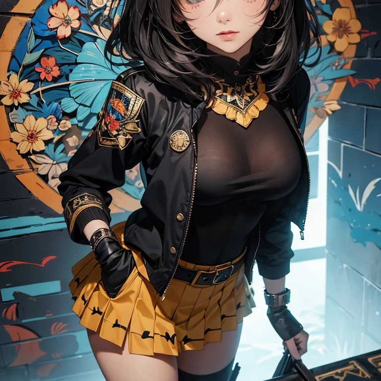 (((8k wallpaper of extremely detailed CG unit:1.2, ​masterpiece, hight resolution:1.2, top-quality:1.2, masutepiece))), ((a very beautiful woman, Hands in pockets:1.8, Grunge Fashion:1.2, wear a blouson:1.2, wearing skirt, wearing tights and boots)), ((extra detailed face, Highly detailed black eyes:1.2, extra detailed body, Top quality real texture skins)), (A dark-haired, length hair, de pele branca, Small:1.2), ((Colorful geometric patterns are painted all over the wall., Colorful wall)), (high-angle:1.2, a closeup, Fisheye:1.3), hyper realisitic, digitial painting,