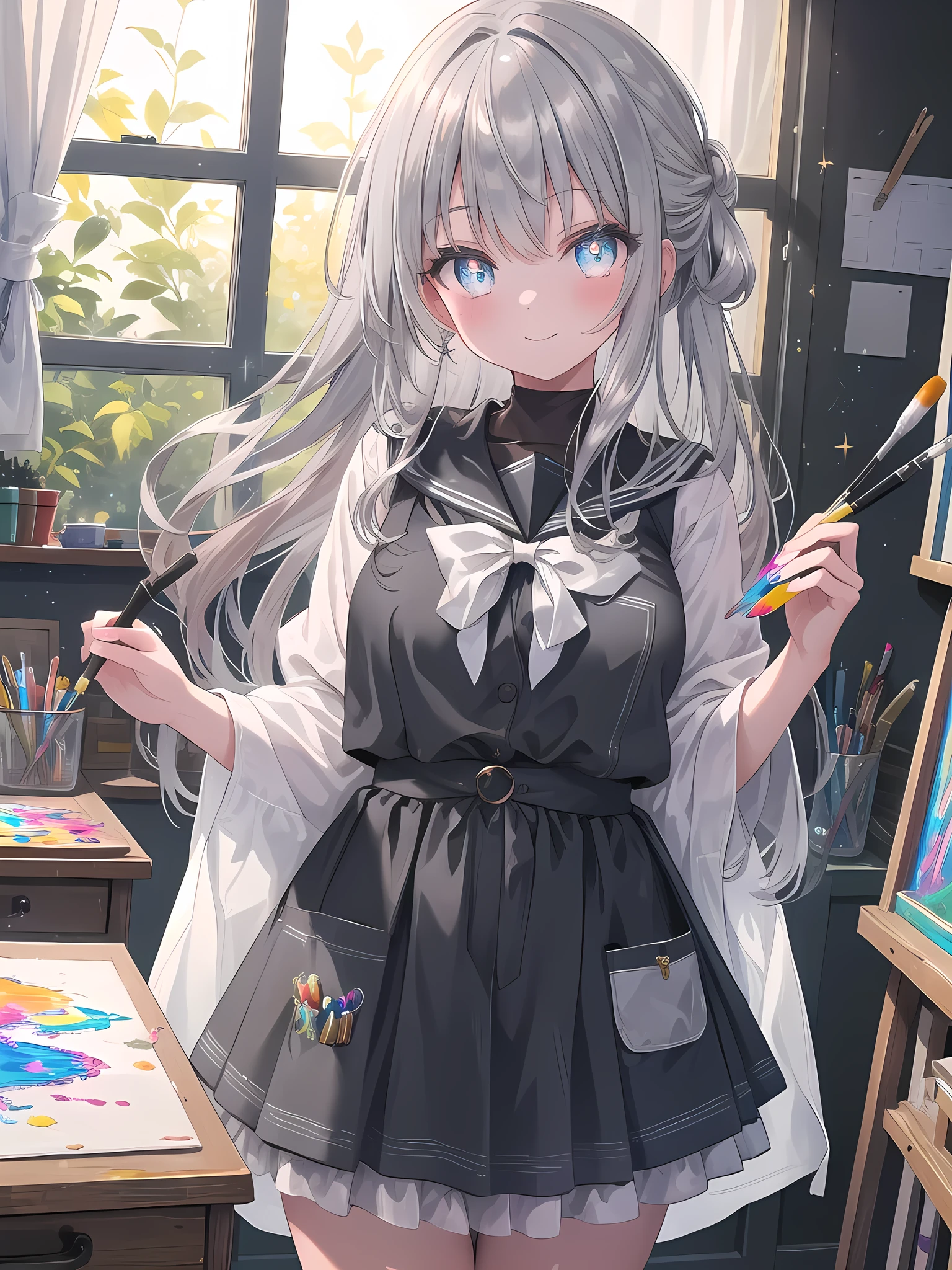 ((8k, best quality, master piece: 1.3)),super high resolution,(1 girl, solo), (colorshift eyes, hyperdetailed, expressive sparkling, glitter, glowing eyes), ultra detailed eyes, ultra-detailed face, random hair, ((silver gray color)),Draw a scene of a high school girl in a sailor uniform, smiling seductively as she works on a canvas and paints in an art room. In the background are artworks and scattered tools, and light from the window illuminates the entire art room. She is depicted standing in a natural pose, and the overall color scheme emphasizes the atmosphere of her creation.