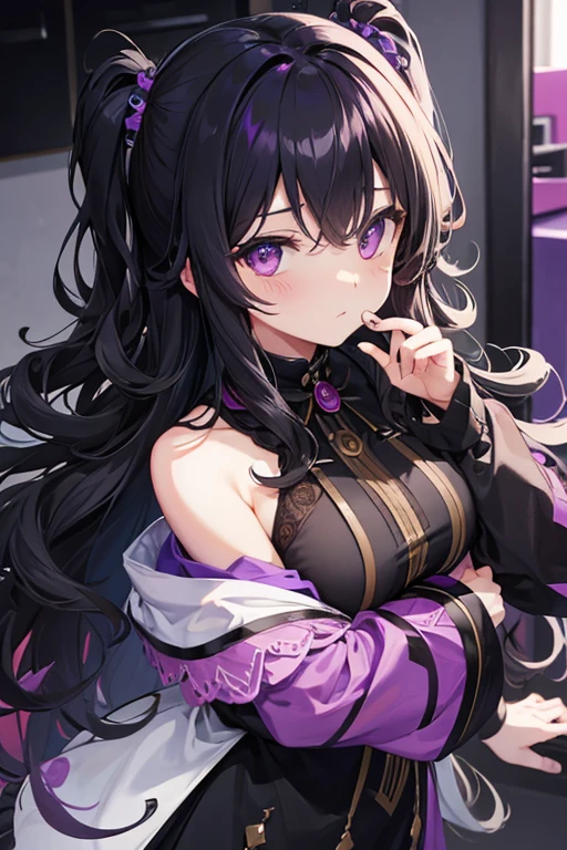  linda, black and wavy hair, purples eyes, pretty, 
