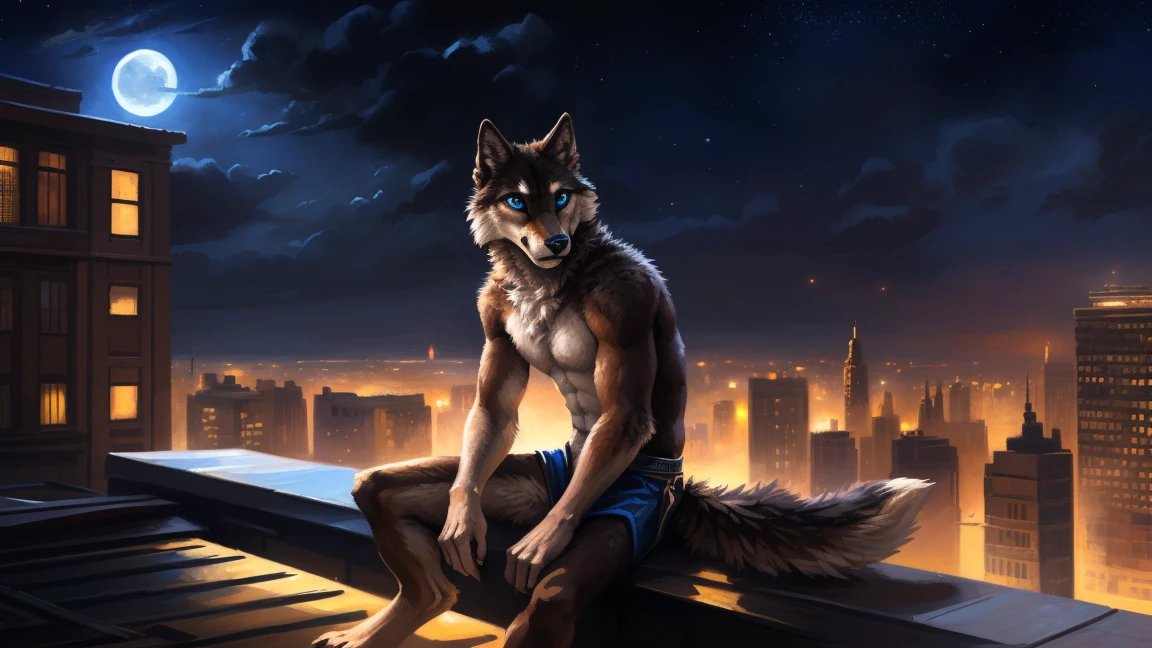 ((Solo)), male people, anthro wolf, (Multi-colored fur, White-brown:1.3), ((Wolf face, Big eyes, White eyelids, Blue pupil, Slim:1.2) (Tough, Calm expression:1.2)), (Height 2.1 meters,Tail length 1.5m), Abs, Slim, pinging, (Correct anatomy), (Contour bone:1.2), The upper body is naked, (detailed outfits), a long large tail，Feet，(Realistic fur, Detailed fur texture, labeled:1.3)), (Natural lighting), Photorealistic, Hyperrealistic, ultradetailed, by Kenket，In the modern city，Roof，the night，Sit alone，Look at the full moon，It was dark，Starry