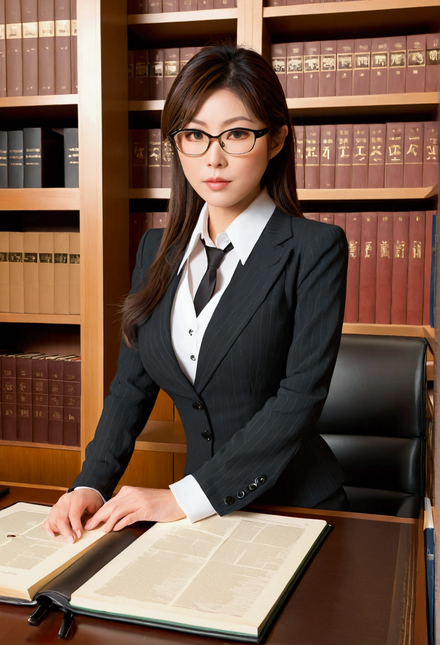 Japanese female lawyer, gigantic breasts, business suits, tight skirt, cleavage:-2, (buttoned shirts:1.3), Law Firm, she is sitting at a desk with a shelf full of law books behind her. glasses