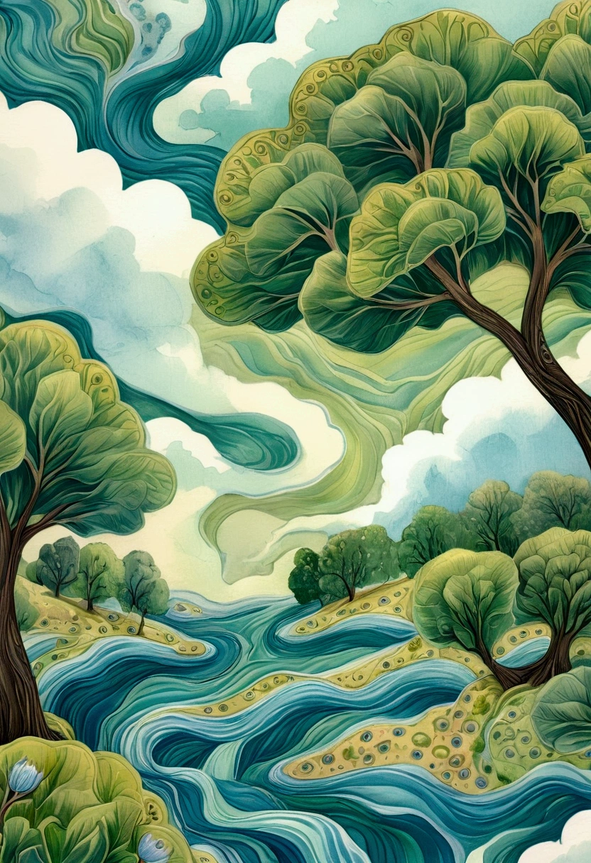 A blue river, green trees and white clouds, top view, patterned paper background, light sky blue and emerald green, soft colors, bright, a whimsical children's book illustration