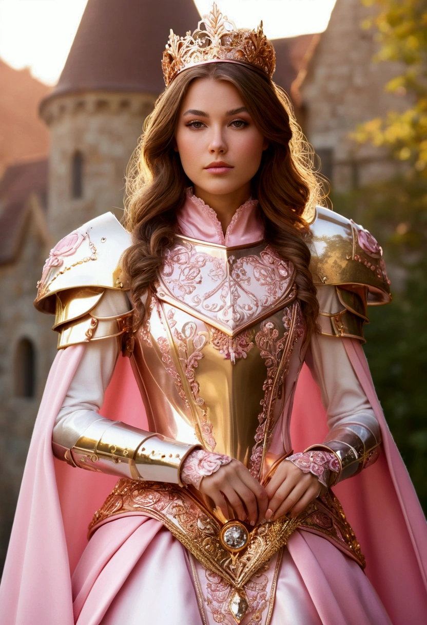 Realistic woman in a pink gold and rose gold themed princess knight outfit