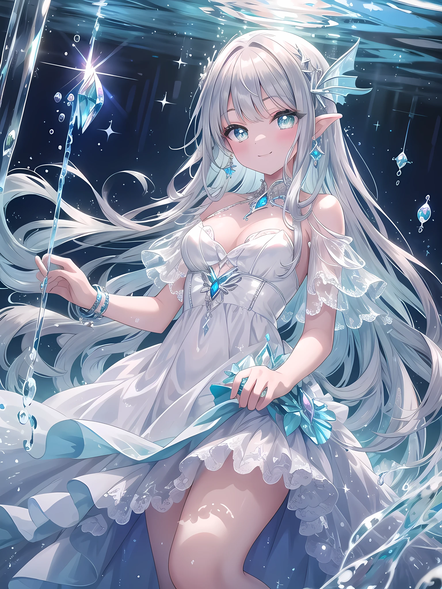 ((8k, best quality, master piece: 1.3)),super high resolution,(1 girl, solo), (colorshift eyes, hyperdetailed, expressive sparkling, glitter, glowing eyes), ultra detailed eyes, ultra-detailed face, random hair, ((silver gray color)),In a palace of blue crystal, a silver-haired mermaid girl is smiling. Her hair is long and wavy, shining with a silver luster, and reflects the sparkle of the surrounding crystals and jewels, making it sparkle. The girl has a beautiful tail fin covered with blue and silver scales, and her translucent skin is softly bathed in the water. Her dress sways like the surface of the water, made of transparent lace and silk. Her eyes are emerald green, and she is smiling gently.

The walls of the palace are made of transparent crystal, and the rainbow light is constantly reflected, projecting fantastic light patterns that dance around the palace. Small fish swim around the girl, and bubbles that sparkle like jewels dance around her. The light in the water reflects off her hair and dress, adding to the sparkle. The scene is like an underwater dream, and her smile adds even more beauty to this fantastic world.