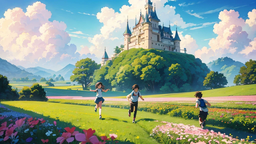 A girl and a boy running through a flower field like an anime castle in the sky, Clouds moving, The wind is blowing, Studio Ghibli Style, long&Wide Shot,