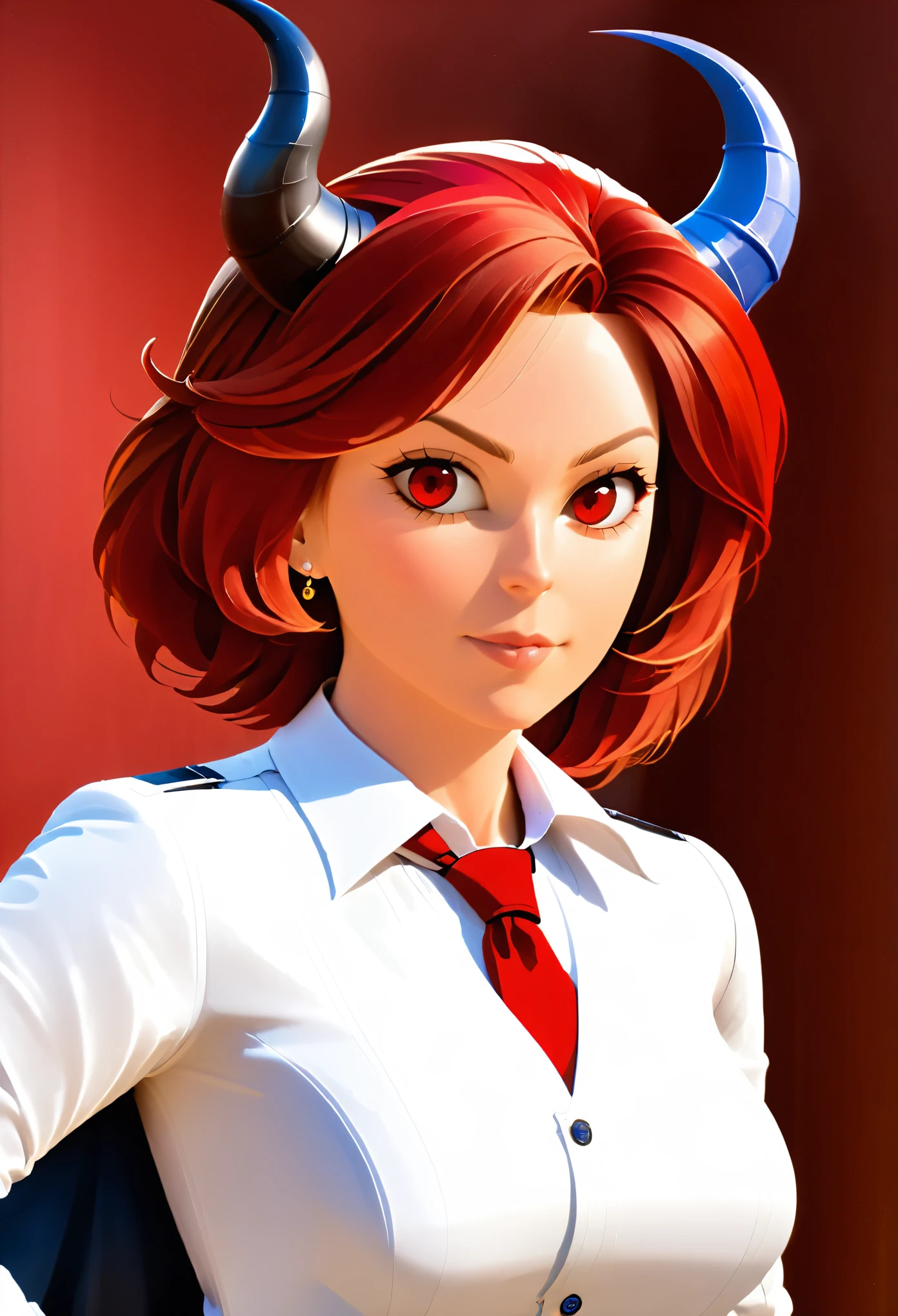 a picture of a female devil wearing barrister's wig and cloak in courtroom, a devilishly beautiful devil, ((anatomically correct: 1.5), (ultra detailed face: 1.2), best detailed face, (red skin: 1.3), two black horns, wearing white button shirt, red tie, English barrister's wig, vibrant, Hyperrealism style, vibrant, Ultra-high resolution, High Contrast, (masterpiece:1.5), highest quality, Best aesthetics), best details, best quality, highres, ultra wide angle, 16k, [ultra detailed], masterpiece, best quality, (extremely detailed) RAW,  photograph, Hyperrealism style