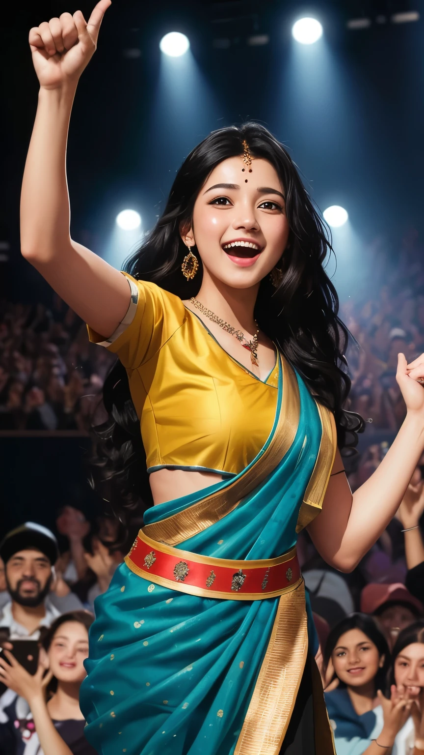 ((best quality)), ((masterpiece)), (detailed), A digital illustration of a young woman with long black hair standing on a stage with a satisfied and happy expression and a big crowd celebrating and cheering for her in the background. She is wearing a traditional Indian outfit.