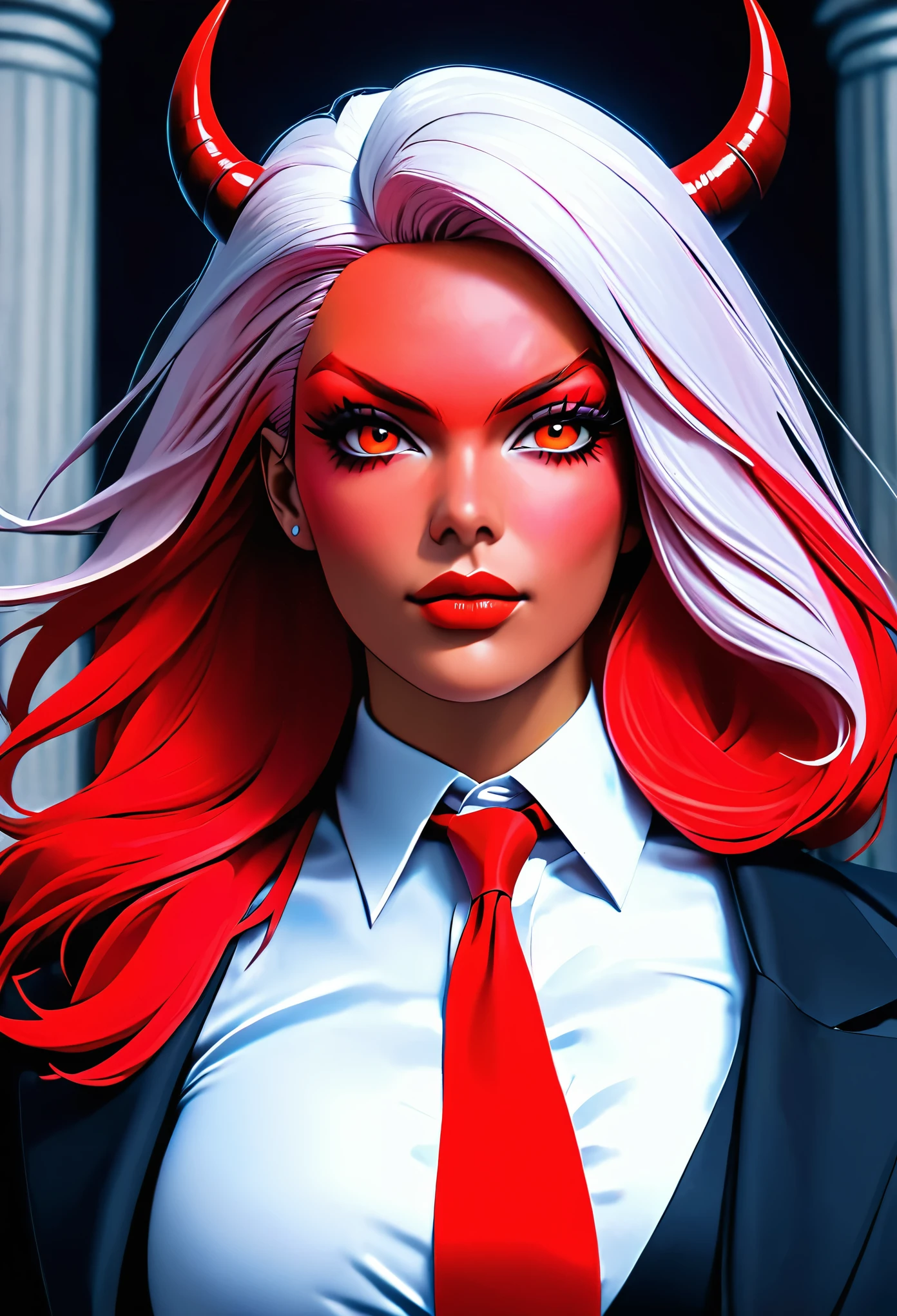 a picture of a female devil wearing barrister's wig and cloak in courtroom, a devilishly beautiful devil, ((anatomically correct: 1.5), (ultra detailed face: 1.2), best detailed face, (red skin: 1.3), two black horns, wearing white button shirt, red tie, English barrister's wig, vibrant, Hyperrealism style, vibrant, Ultra-high resolution, High Contrast, (masterpiece:1.5), highest quality, Best aesthetics), best details, best quality, highres, ultra wide angle, 16k, [ultra detailed], masterpiece, best quality, (extremely detailed) RAW,  photograph, Hyperrealism style