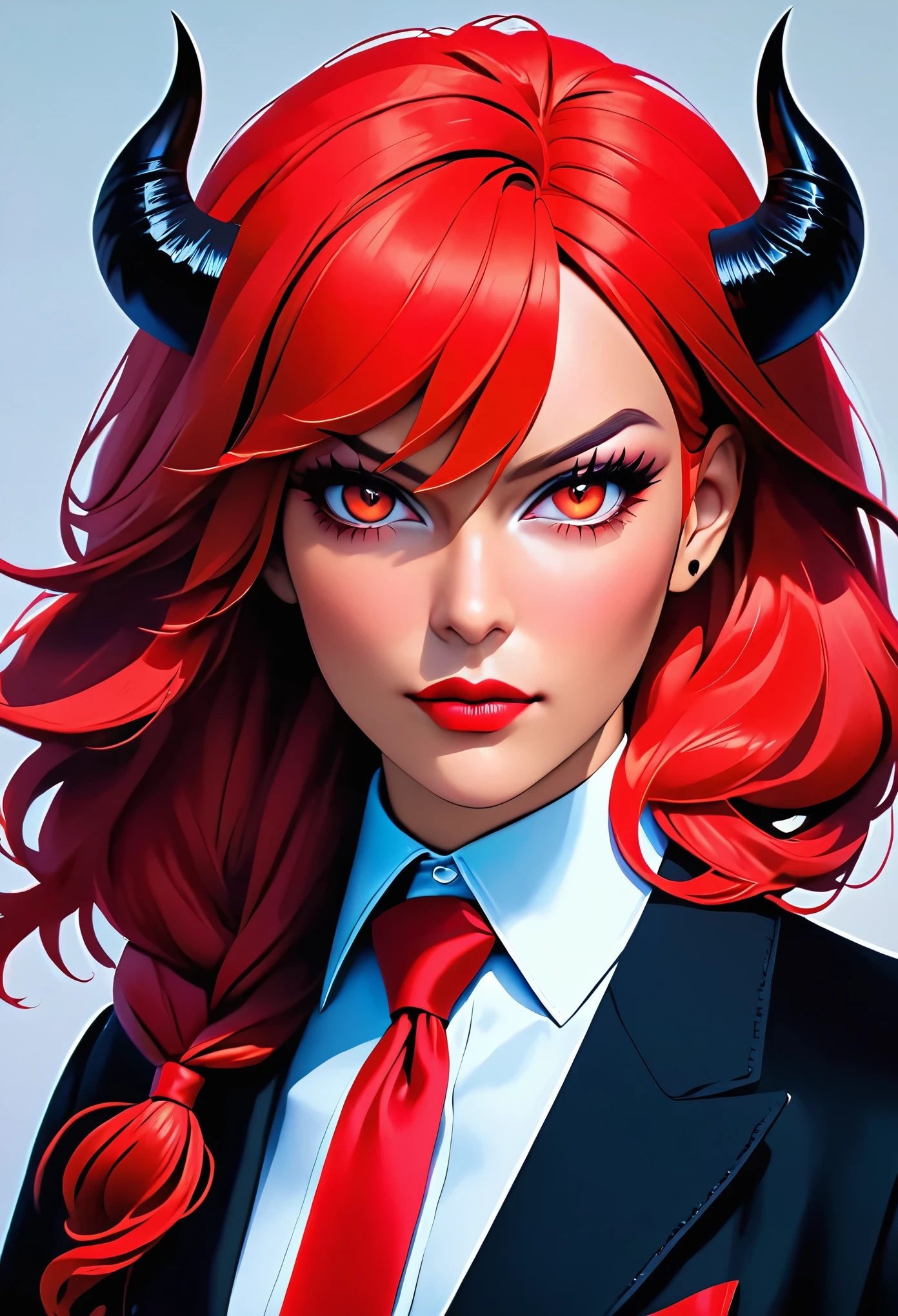 a picture of a female devil wearing barrister's wig and cloak in courtroom, a devilishly beautiful devil, ((anatomically correct: 1.5), (ultra detailed face: 1.2), best detailed face, (red skin: 1.3), two black horns, wearing white button shirt, red tie, English barrister's wig, vibrant, Hyperrealism style, vibrant, Ultra-high resolution, High Contrast, (masterpiece:1.5), highest quality, Best aesthetics), best details, best quality, highres, ultra wide angle, 16k, [ultra detailed], masterpiece, best quality, (extremely detailed) RAW,  photograph, Hyperrealism style