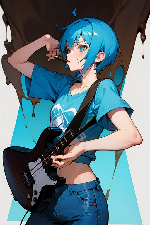 blue hair,short hair,blue T shirts,blue pants,chocolate sigarett,bass,