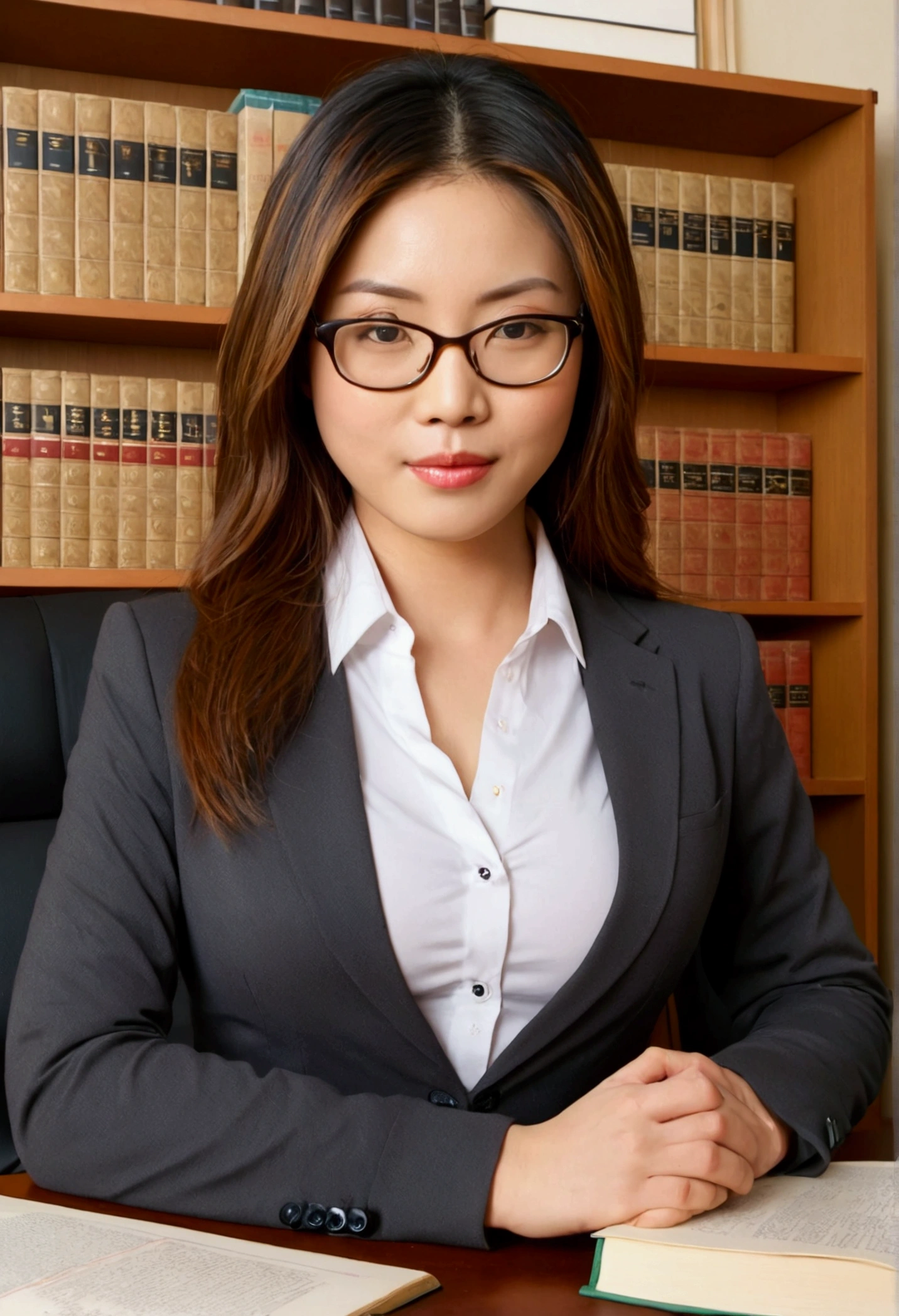 Japanese female lawyer, gigantic breasts, business suits, tight skirt, cleavage:-2, (buttoned shirts:1.3), Law Firm, she is sitting at a desk with a shelf full of law books behind her. glasses