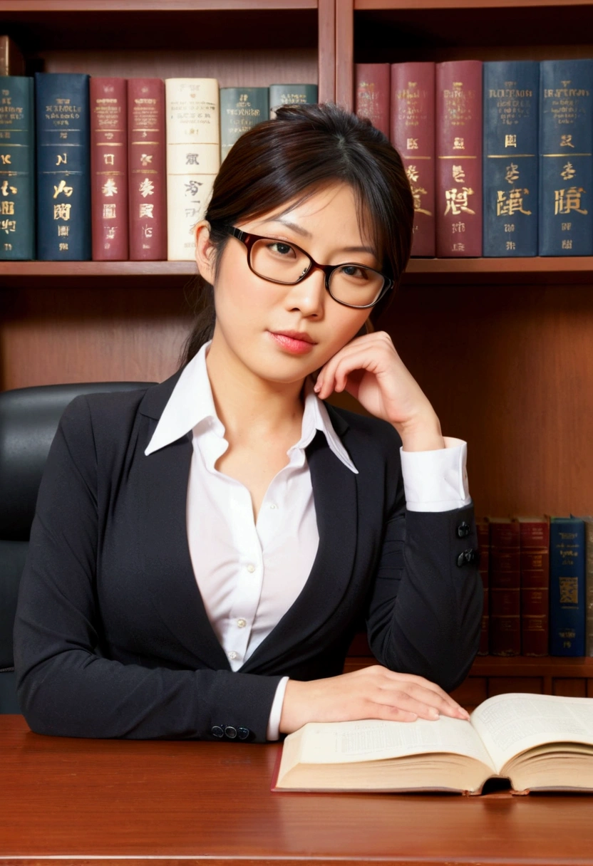 Japanese female lawyer, gigantic breasts, business suits, tight skirt, cleavage:-2, (buttoned shirts:1.3), Law Firm, she is sitting at a desk with a shelf full of law books behind her. glasses