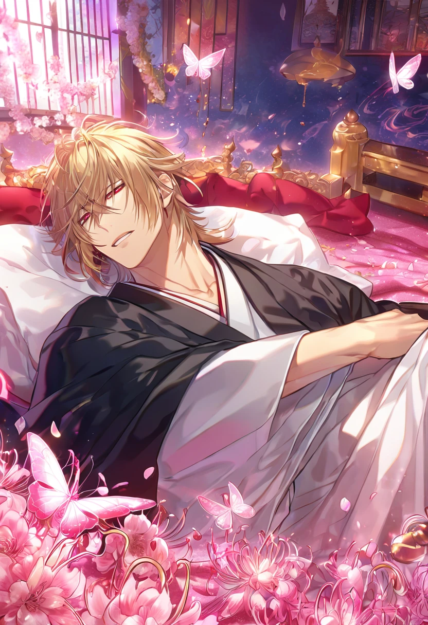 absurd resolution, high resolution, ultra detailed, detailed eyes, extremely detailed, HDR, 8K, Kazama Chikage, honey blonde hair, expressive red eyes, Hakuouki, solo, sexy man lying on a bed, handsome, black haori, white kimono, red collar, fantasy, cool, magical, room, bed, blankets, pillows, pink glittering butterflies, pink dust flying around, pink spider lilies, pink petals, pink lanterns, Japanese ambiance, cherry blossoms