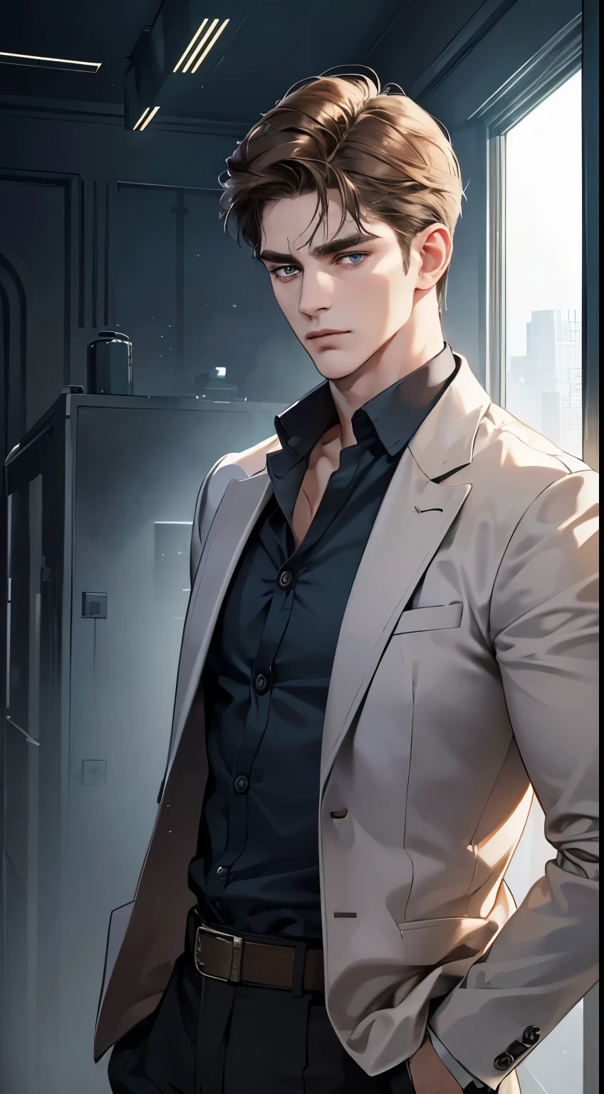 (best quality, masterpiece, 8K, photorealistic, cinematic lighting, 1:4 hdr image, ultra detailed, beautiful image), a mature man, 34 years very handsome, ((cold expression)), short brown hair, blue eyes, face perfect without mistakes, ((buttoning his jacket, CEO))