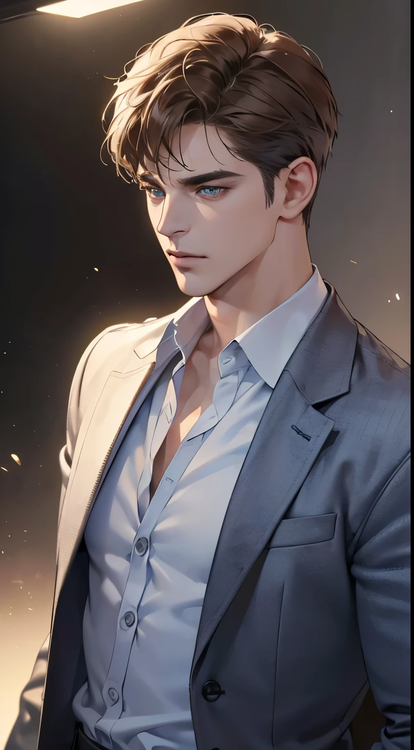 (best quality, masterpiece, 8K, photorealistic, cinematic lighting, 1:4 hdr image, ultra detailed, beautiful image), a mature man, 34 years very handsome, ((cold expression)), short brown hair, blue eyes, face perfect without mistakes, ((buttoning his jacket, CEO))