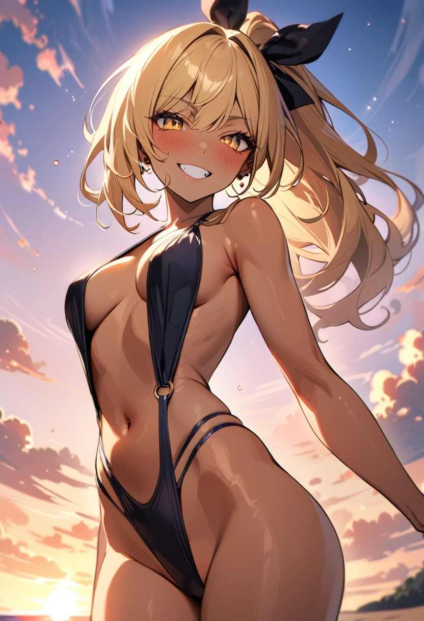 BREAK (masterpiece), (high resolution 8K), detailed eyes and face, detailed body, cinematic lighting, 
BREAK 1 girl, japanese girl, longhair, blonde hair, blonde eyes, wave hair, mascara, tan skin, dark skin, double teeth, fang, (piercing:1.2), pony tail, fancy hair ribbon, medium breasts, 
BREAK seductive smile, grin, blush, 
BREAK slingshot swimsuit,
BREAK model posing, at beach ,the sandy shores of Hawaii, shot from below, beautiful sky, breathtaking sunset