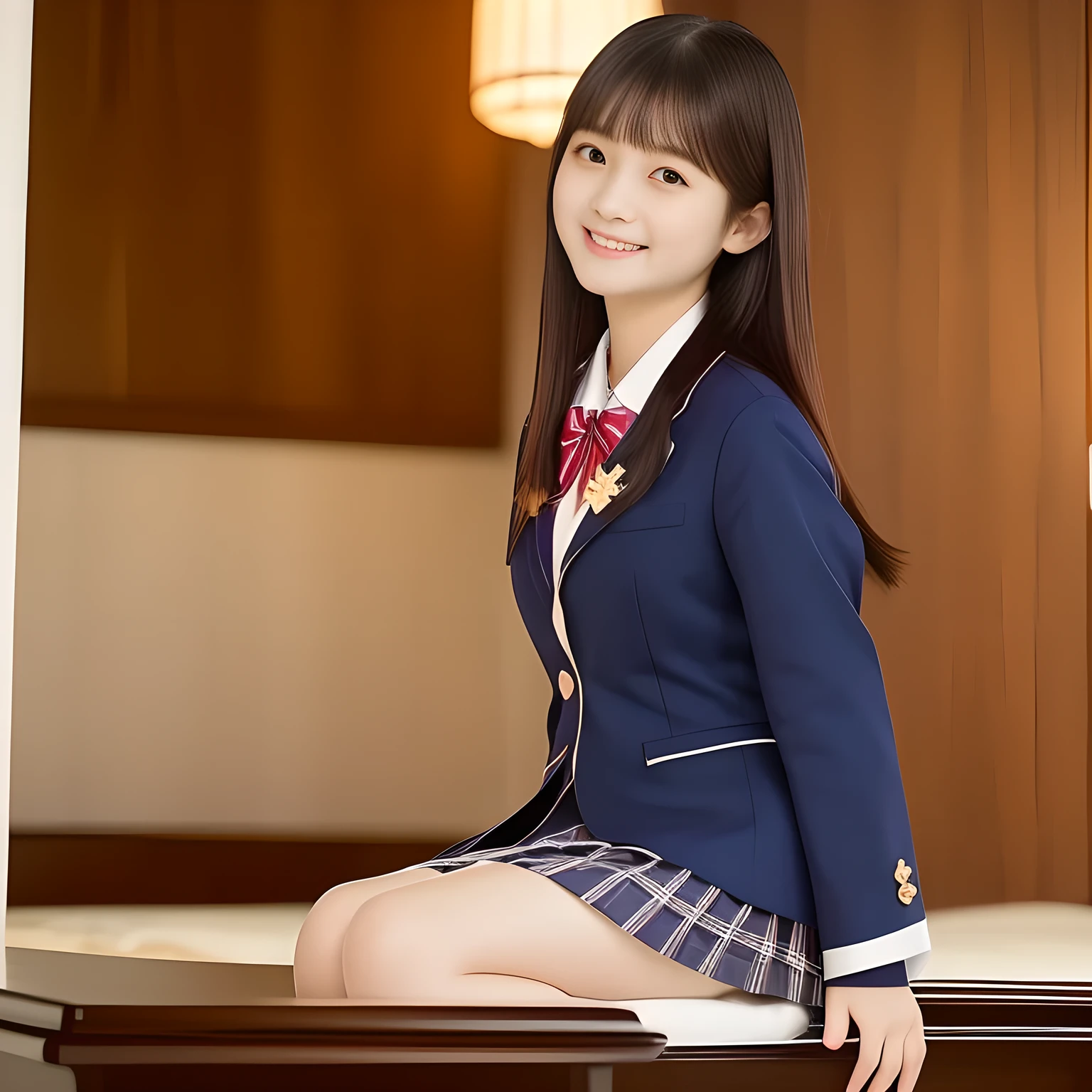 (Highest quality, masterpiece:1.2), Highest quality, High resolution, 1080P, 8k, height: 158cm, ((A noble, graceful and intelligent girl who looks like a best fat proportion Japanese young lady is seated on a grand piano and fascinates the viewer as a fashion model)), (Lifting and showing the beautiful white legs and loafers: 1.2), ((So sweet, very noble, neat, and pretty Japanese beautiful cute girl)), ((A real, very girly, sweet, cute and noble fashion model)), ((((A **** beautiful Japanese cute fashion model)))), ((((Very pure white face and limbs)))), Glossy Lips, (Evenly cut bangs), ((Very beautiful, droopy, cute, pure, noble brown eyes)), ((Super long, 1 meter black straight hair)), (Very shiny, glossy Lips), ((Beautiful neat long straight hair like a school promotion model)), Watching at you, ((Incredibly well organized, Rich facial expressions)), ((Plump and beautiful white skin and face)), ((Pure, clear, gentle brown eyes)), Glossy Lips, ((Large upward-curving lips)), ((White hand and shin)), School neat loafer, ((((Navy Japanese school blazer with noble golden emblem: 1.2)))), ((dark blue tartan checkered pleated long skirt)), ((Plain-red-colored school chest ribbon)), ((((An ecstatic expression of boundless joy)))), ((plain white background: 1.0)), ((perfect cute fat body)), (((hair beauty magazine for young girls))), (Double eyelids, graceful noble eyes and faces with well balanced and carefully detailed:1.6)