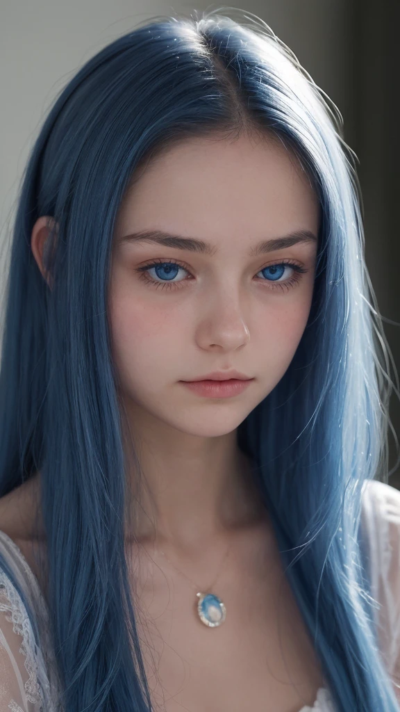 a girl. Europe. Oval face. delicate facial features. charming. half-closed eyes. blue eyes. long straight hair. messy hair. blue hair. Sad. shy. straight face