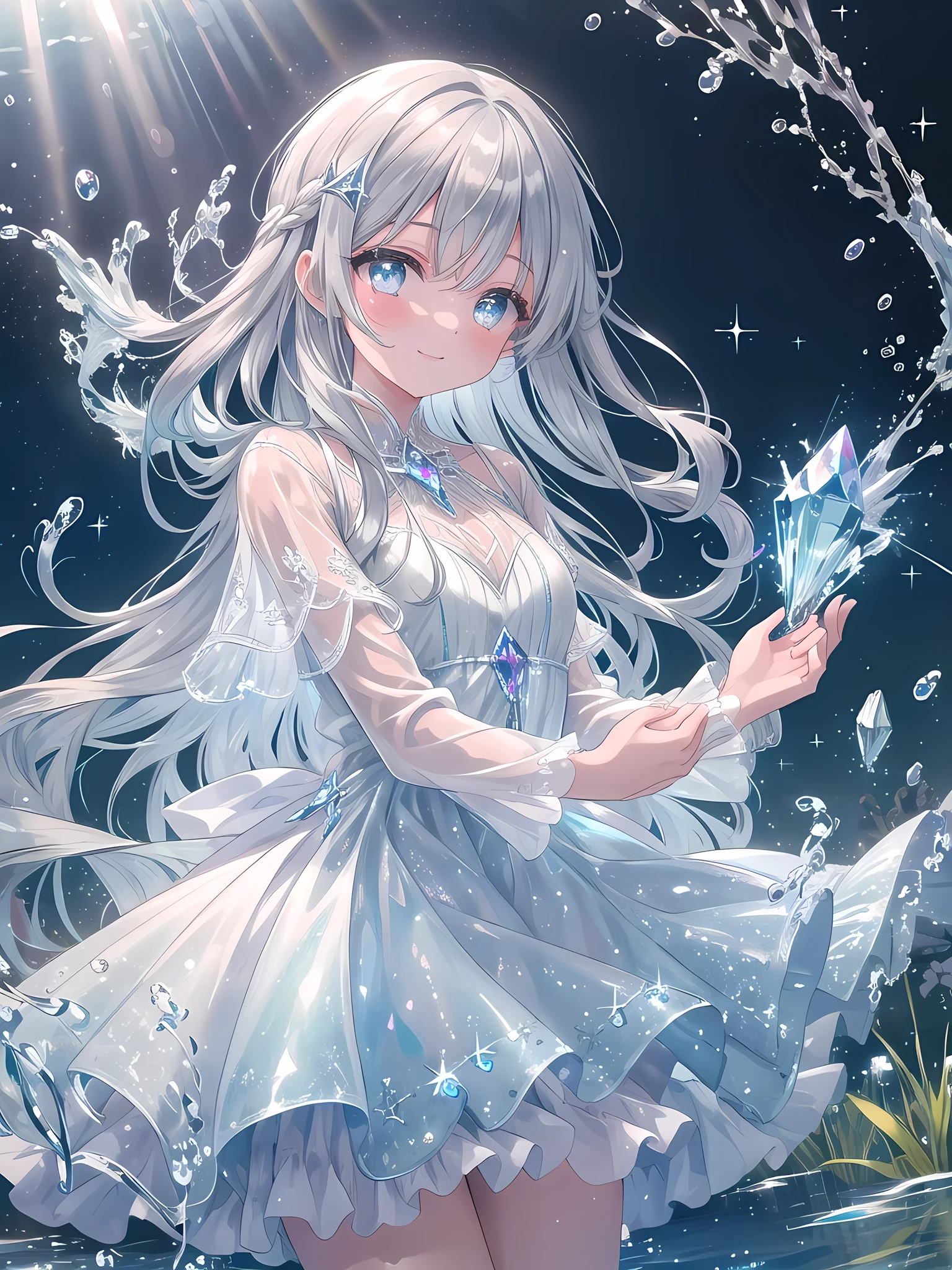 girl single, gray hair, red eyes, white dress, cute, cute, blush, little smile, glacier, icicle, icy world