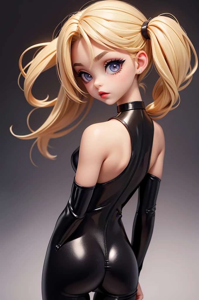 (view from behind) hyperrealistic  american teen, blondittle, perfect tiny body, sexy, dark makeup, small choker, perfect slim face, big red lips, very cute face, tiny body, big eyes, young looking, childish looking, bodysuit
