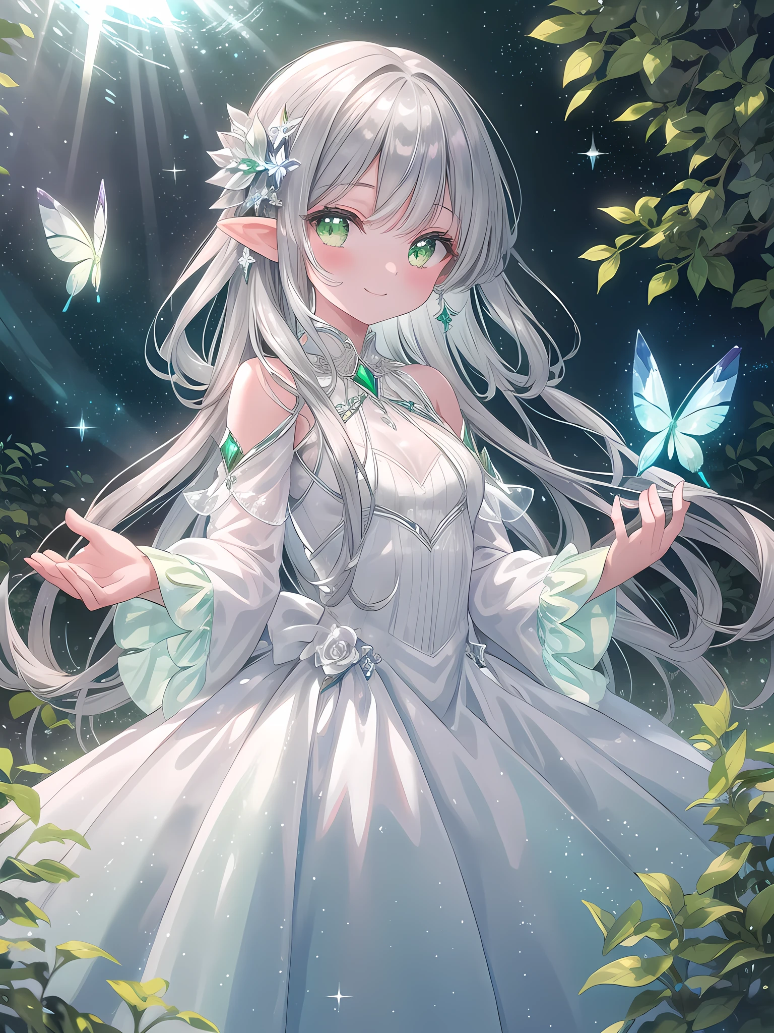 ((8k, best quality, master piece: 1.3)),super high resolution,(1 girl, solo), (colorshift eyes, hyperdetailed, expressive sparkling, glitter, glowing eyes), ultra detailed eyes, ultra-detailed face, random hair, ((silver gray color)),In a beautiful crystal forest, a silver-haired elven girl is smiling. Her long hair, shining with a silver luster, sways among the crystal trees. The girl is wearing an elven dress with white and green embroidery, made of transparent silk and lace. Her emerald green eyes are smiling gently.
The crystal trees reflect the rainbow light, and the whole forest is enveloped in a fantastic light. Countless jewel-like flowers bloom on the ground, sparkling with the reflected light. Small crystal butterflies dance on the girl's fingertips, shining around her. The scene is like a dream, and her smile adds even more beauty to this fantastical world.