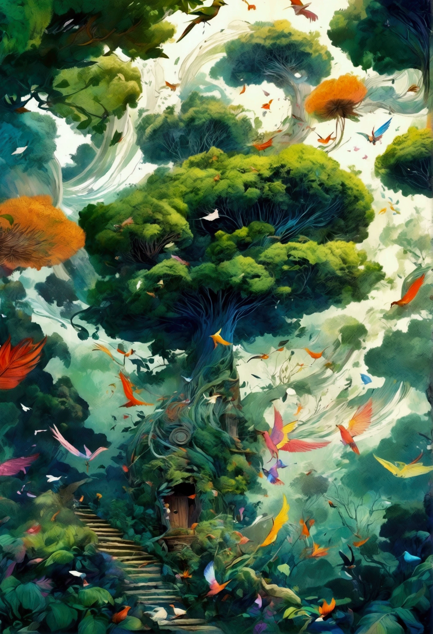 An adventurer wearing a hat and carrying a schoolbag stood in the center, A swirling vortex of leaves and birds, representing the wind's power over nature in an anime-inspired illustration. The vibrant colors capture energy as leaves swirl around trees and exotic birds soaring through the air. This artwork showcases a blend of fantasy and realism with a focus on dynamic movement, creating a visually captivating scene that brings to life whimsical elements of a forest tornado in the style of a cartoon.