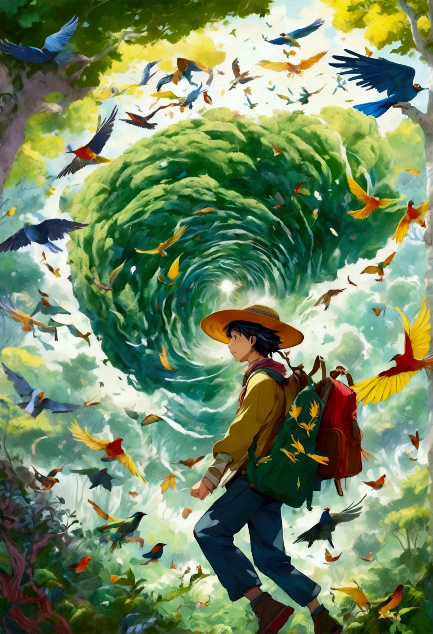 An adventurer wearing a hat and carrying a schoolbag stood in the center, A swirling vortex of leaves and birds, representing the wind's power over nature in an anime-inspired illustration. The vibrant colors capture energy as leaves swirl around trees and exotic birds soaring through the air. This artwork showcases a blend of fantasy and realism with a focus on dynamic movement, creating a visually captivating scene that brings to life whimsical elements of a forest tornado in the style of a cartoon.