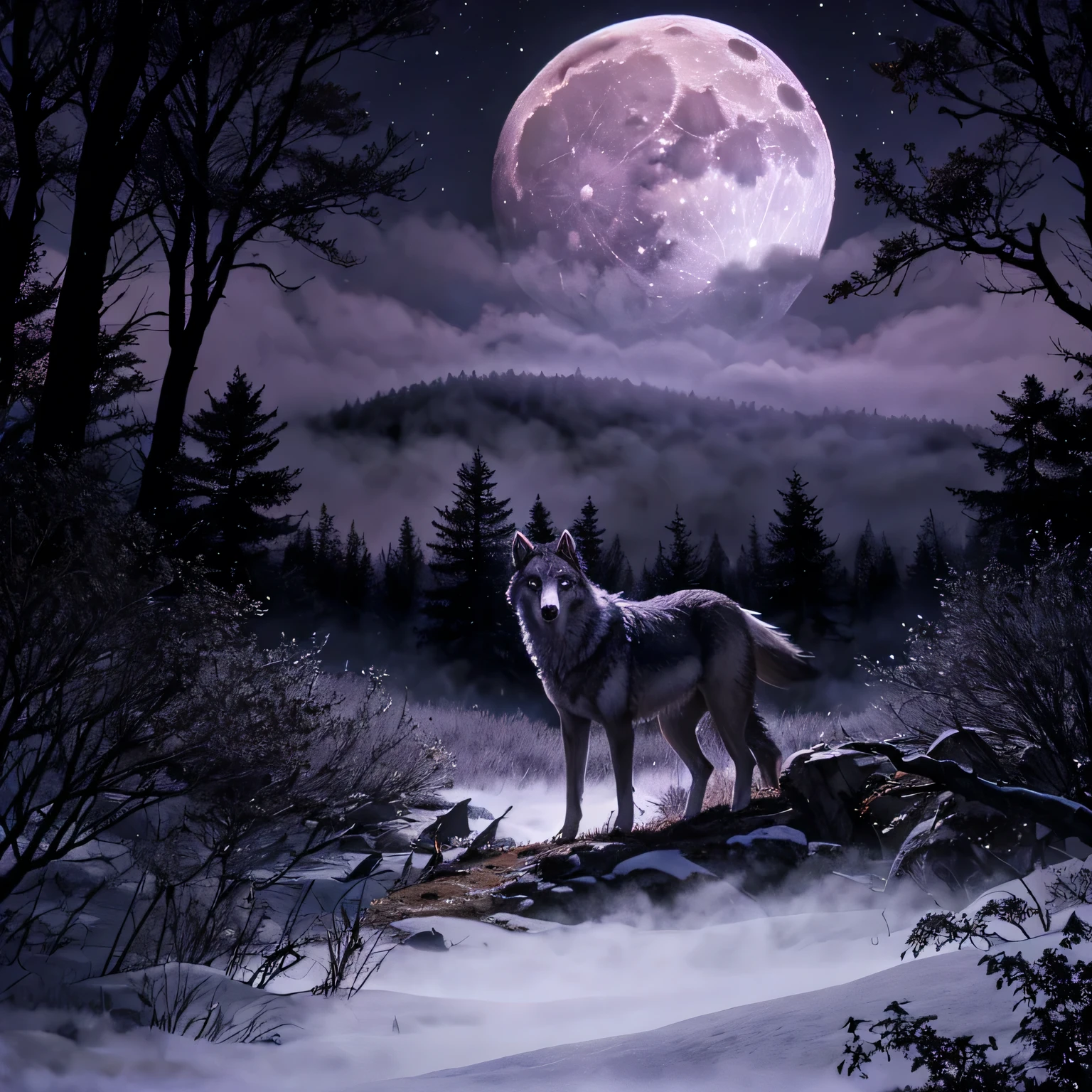 A wolf howls at the moon. Against the background of a moonlit forest. Purple fog. Deep, rich colors and intricate details. Karn Griffiths and Charles Wess