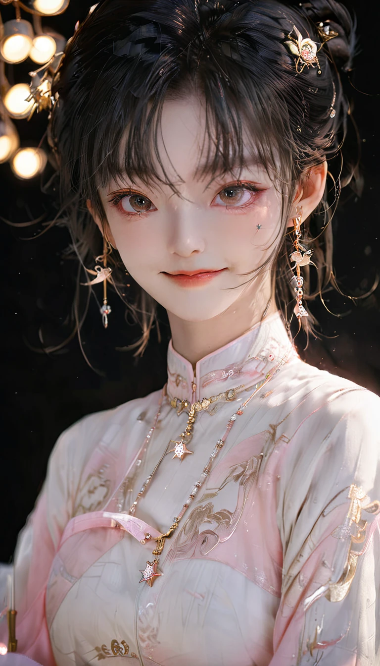 best quality, masterpiece, high resolution, 1 Girl,blush,(Charming smile:0.8),Star-shaped pupil,china hanfu,Hair accessories,necklace, Jewelry,Pretty Face,Above_Body, Tyndall effect,Reality, Dark Studio, Edge lighting, Two-tone lighting,(High Detail Skin:1.2), 8K uhd, Digital SLR Camera, Soft lighting, high quality, Volumetric Lighting, frank, photo, high resolution, 4K, 8K, Bokeh