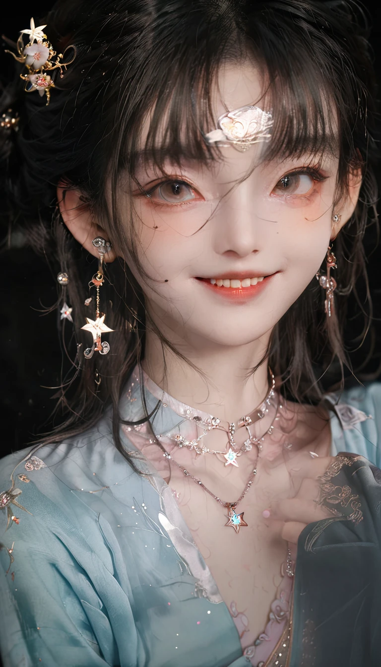 best quality, masterpiece, high resolution, 1 Girl,blush,(Charming smile:0.8),Star-shaped pupil,china hanfu,Hair accessories,necklace, Jewelry,Pretty Face,Above_Body, Tyndall effect,Reality, Dark Studio, Edge lighting, Two-tone lighting,(High Detail Skin:1.2), 8K uhd, Digital SLR Camera, Soft lighting, high quality, Volumetric Lighting, frank, photo, high resolution, 4K, 8K, Bokeh