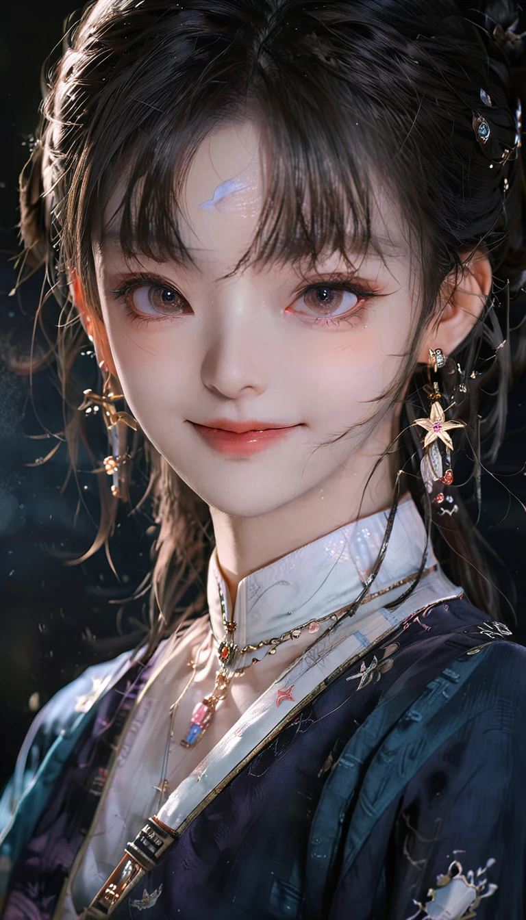 best quality, masterpiece, high resolution, 1 Girl,blush,(Charming smile:0.8),Star-shaped pupil,china hanfu,Hair accessories,necklace, Jewelry,Pretty Face,Above_Body, Tyndall effect,Reality, Dark Studio, Edge lighting, Two-tone lighting,(High Detail Skin:1.2), 8K uhd, Digital SLR Camera, Soft lighting, high quality, Volumetric Lighting, frank, photo, high resolution, 4K, 8K, Bokeh