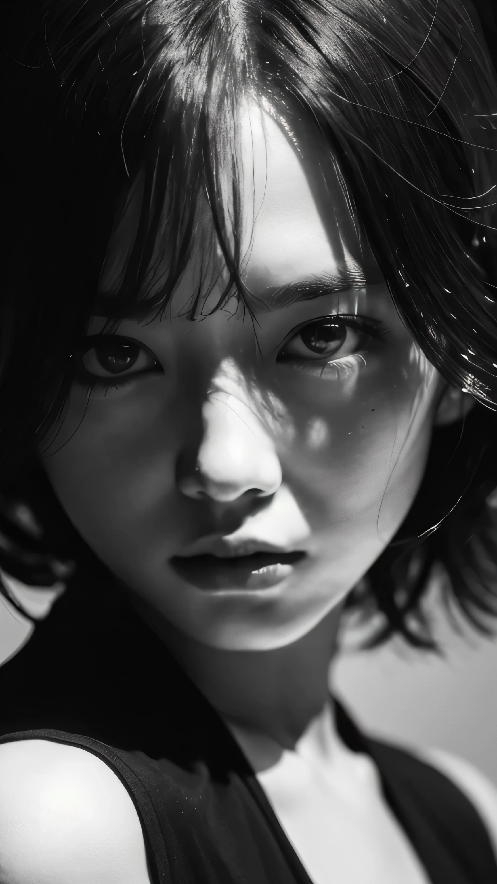 (realistic:1.3), finely detailed, quality, (masterpiece:1.2), (photorealistic:1.2), (best quality), (detailed skin:1.3), (intricate details), dramatic, 1girl, japanese girl, 21 years old, detailed skin texture, (blush:0.5), (goosebumps:0.5), serious expression, medium breasts, short hair curls, bangs, hair between eyes, close up portrait shot, dark background, (detailed shadows, monochrome, black and white photo, silhouette, spotlight, dark theme:1.4),