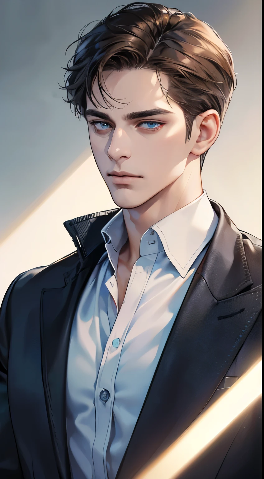 (best quality, masterpiece, 8K, photorealistic, cinematic lighting, 1:4 hdr image, ultra detailed, beautiful image), a mature man, 34 years very handsome, ((cold expression)), short brown hair, blue eyes, face perfect without mistakes, ((buttoning his jacket, CEO))