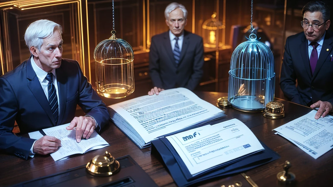 top quality, future world, State-of-the-art robot, Beautiful Woman, whole body photo, (((lawyer, law court, law related documents on table, libra on table, suit, in office, pointing to man in cage )))