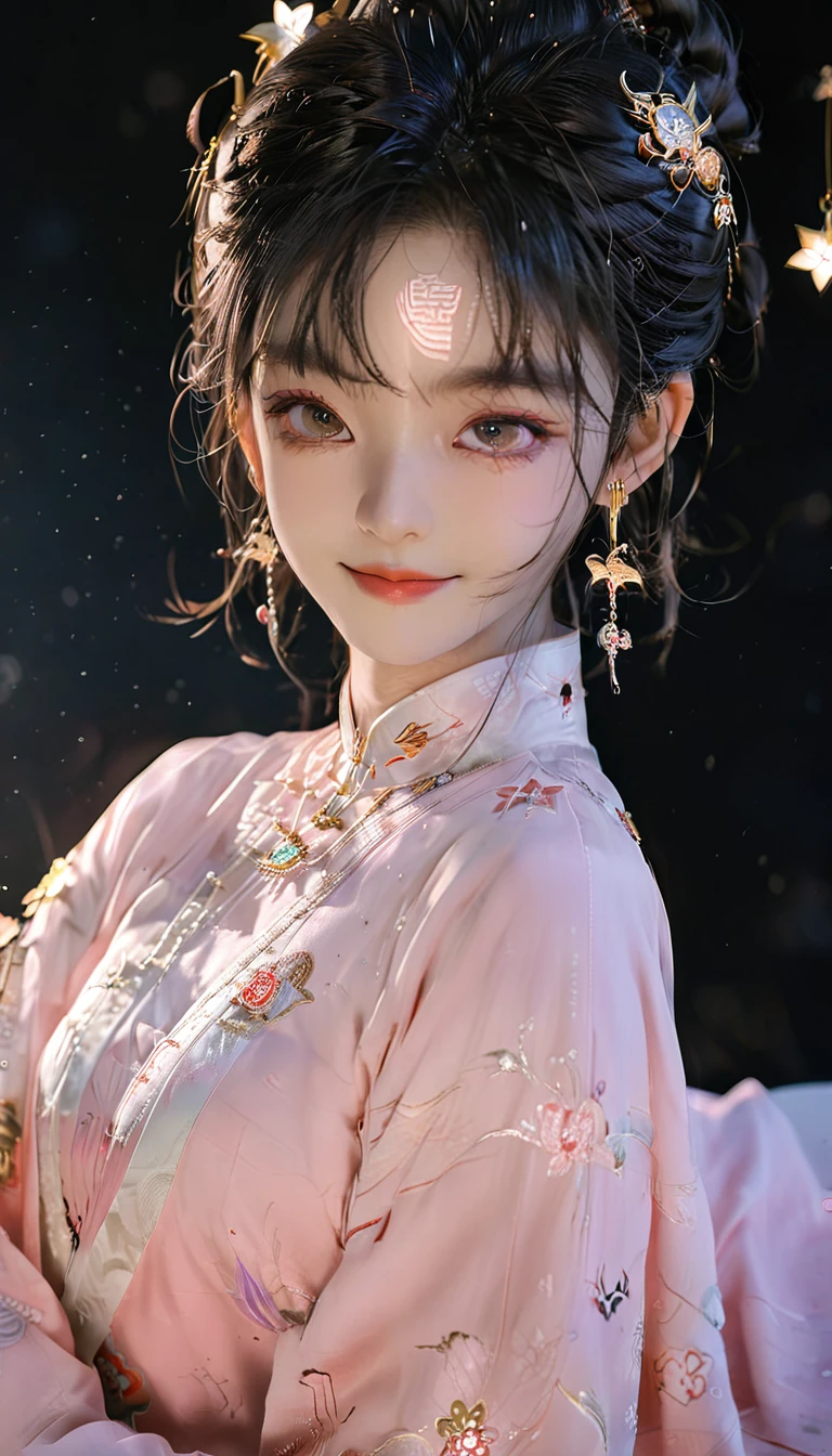 best quality, masterpiece, high resolution, 1 Girl,blush,(Charming smile:0.8),Star-shaped pupil,china hanfu,Hair accessories,necklace, Jewelry,Pretty Face,Above_Body, Tyndall effect,Reality, Dark Studio, Edge lighting, Two-tone lighting,(High Detail Skin:1.2), 8K uhd, Digital SLR Camera, Soft lighting, high quality, Volumetric Lighting, frank, photo, high resolution, 4K, 8K, Bokeh