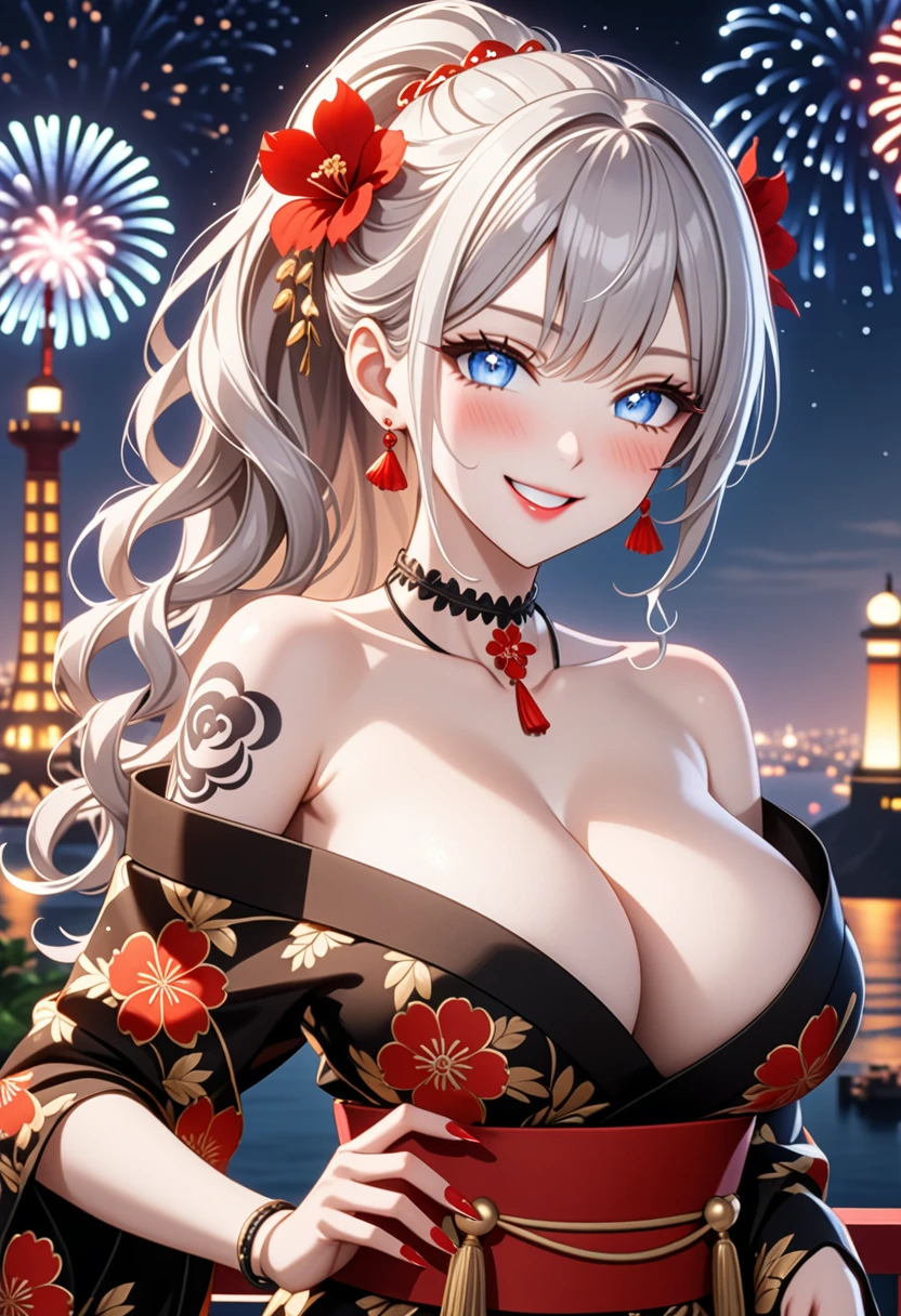 ultra-detailed, ((one girl)), (pale skin:1.5),  fair-skinned gyaru, ((Girl in black kimono)),  (heavy makeup), (professional lighting), hyper detailed, absurdres, 8k, Beautiful Face, (Laugh shyly), ((teasing smile:1.2)), ((happy smile:1.4)),  ((Wink:1.4)), (Laugh with your mouth wide open),((Tilt your face:1.6)), View your viewers, ((full-face blush:1.4)), Glossy Red Lips, ((huge breasts:1.6)), undressing, ((She is undressed up to her shoulders, highlighting her cleavage.)), ((Shoulder Tattoo:1.3)), summer, night,Observatory with a view of the sea, firework, ((Anime style background)),masterpiece, Highest quality, so beautiful,Latest, Complex details, ((red long nail:1.2)), (ring),(bracelet), (Floral Choker),AI-generated, Complex,High resolution, Highest quality, super high quality,3D Images、3D Images,One person, (Silver White hair),Long Hair, (White high ponytail), (wavy hair:1.3)), Anime woman posing for a photo, ((Eyes with detailed pupils、blue eyes、glowing eyes:1.3)), (Squint your eyes:1.1),a hyperRealistic , hyperRealistic , Realistic,Anime woman with long white hair, Smooth anime CG art, ((A girl in a gorgeous black kimono:1.2)), ((black furisode:1.3)),Gold embroidery, (Large floral pattern in red color),  (sideboob), (Long red flower hair ornament),(big floral earrings), Mature Body, tall,Narrow waist, ((model posing:1.3)),  (extreme close-up shot), ((dutch angle)),